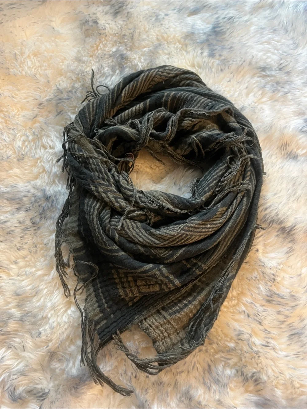 Women's Gray & Olive Striped Fringe Wrap Scarf
